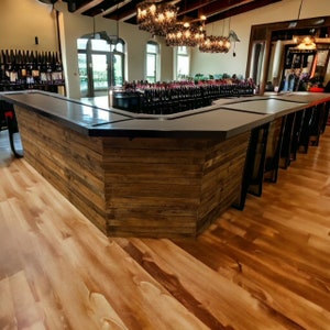 Reclaimed 200-Year-Old Barn Wood Bar: Unique Diagonal Corner L-Shaped Man Cave Bar