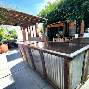 Handmade Reclaimed Wood & Galvanized Metal Bar - Custom L-Shaped Design
