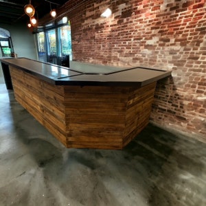 Reclaimed Wood Diagonal L-Shaped Bar: Rustic Man Cave - Custom Sizes