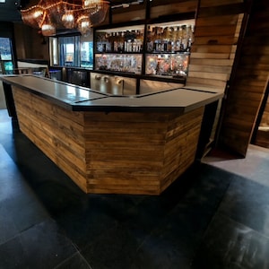 Reclaimed Wood L-Shaped Bar: Rustic Man Cave, Game Room, or Outdoor Bar