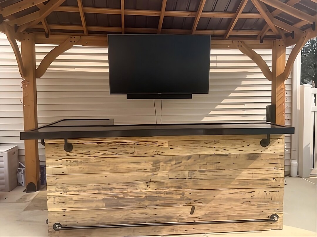 L-shaped Reclaimed Wood Bar With Beverage Fridge, Custom Barnwood Home ...