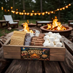 Handgjord S'mores Station Decor Box: Rustik campingeldstadsförvaring