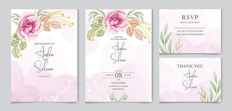 Editable Wedding RSVP Instant Download Pink Roses Nature Design Wedding Invitation Template Set Vector EPS File Watercolour Vector file