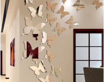 Silver Mirror Wall Art Wall Stickers Decal 3D Butterflies Home House Decor Pi FZ 
