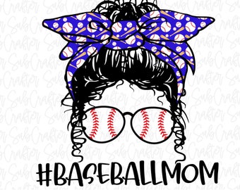 Blue Baseball mom rizado messy bun con bates y pelotas DESCARGA DIGITAL PNG sublimación momlife 300dpi