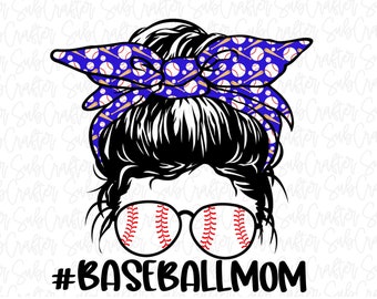 Blue Baseball mom messy bun con bates y pelotas DESCARGA DIGITAL PNG sublimación momlife 300dpi