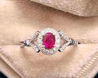 Solid 18K White Gold Natural Ruby Diamond Ring