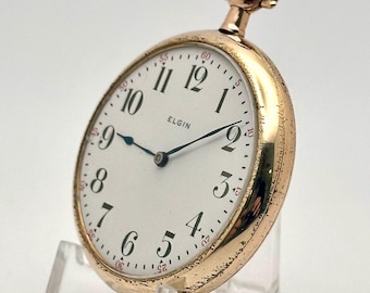 Vintage Pocket Watch-Elgin, Rare 12-6s, Circa 1918, 7 Jewel in  Gold Filled, Engine-turned Case. Movement Restored. Runs Well. Great Gift!
