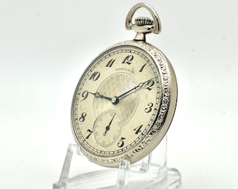 Vintage Pocket Watch-Hamilton, Art Deco Dial, 12s, Circa 1923. 17 Jewels. 14K White Gold Filled, Hinged-Back Case. Runs well. Great Gift!