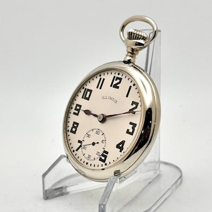 Vintage Pocket Watch-Illinois Bunn Special RR Grade, 16s, 21 Jewels, Circa 1923. Unique Silver Dial in Shiny Case. Restored. Great gift!