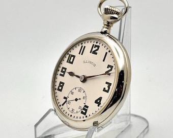 Vintage Pocket Watch-Illinois Bunn Special RR Grade, 16s, 21 Jewels, Circa 1923. Unique Silver Dial in Shiny Case. Restored. Great gift!
