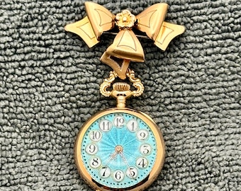 Vintage Pocket Watch- Stunning Gruen 10os, 15 Jewel, Circa 1902 w/Rare Hand Painted Blue Dial, 14K Gold/Diamond Case. Restored to Near Mint!