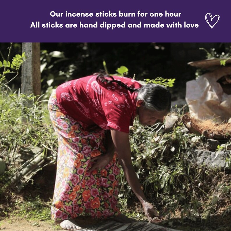 May include: A woman in a red and floral patterned dress is hand-making incense sticks outdoors. The sticks are laid out on a woven mat.