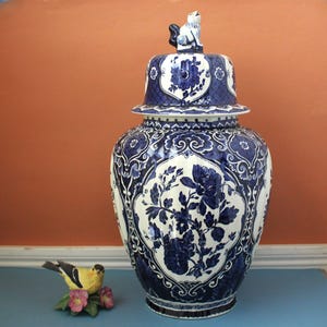 Large Delft Blue Ginger Jar: Royal Sphinx Foo Dog Lid, Floral Urn, 18&quot; Tall