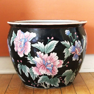 Vaso da terra cinese vintage, 10x12,75", grande ciotola asiatica per pesci koi, porcellana dipinta a mano