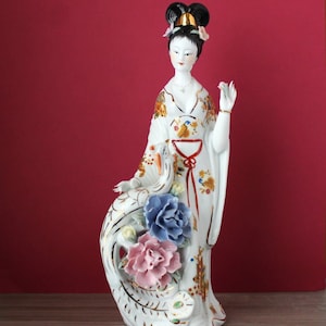 Large Hand-Painted Porcelain Asian Figurine: Chinese Woman with Phoenix, 16&quot; Tall