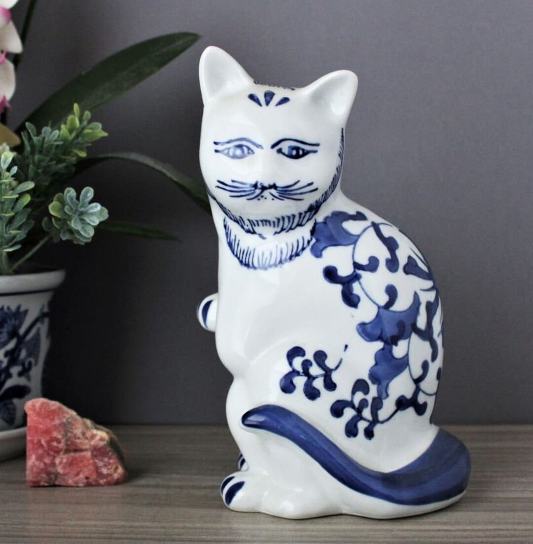 Large Cat Figurine Hand Painted Sitting Kitten Statue Blue and White