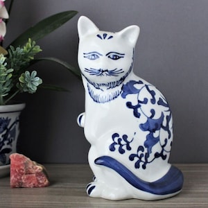 Hand-Painted Ceramic Cat Figurine: Blue & White Floral Asian Decor