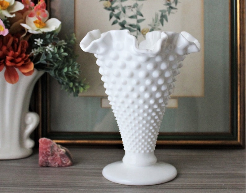 Hobnail Milk Glass Trumpet Vase Large Fluted White Glass Etsy