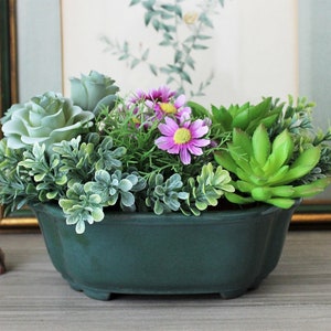 Vintage Ceramic Bonsai Planter: Japanese Garden Decor, Teal Glaze finish