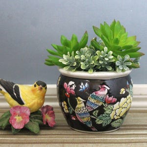 Vintage Porcelain Planter: Small Floral Flowerpot / Cachepot, Colorful Birds & Flowers, Asian Decor