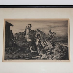 May include: A framed black and white etching depicting a rural scene. The artwork features figures, including a woman and child, near a structure and horses. A man is working in the background. The artwork is signed.