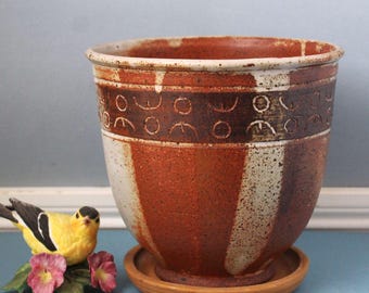 Pottery Planter with Saucer: Handmade Artisan Stoneware Flowerpot, Artist Signed
