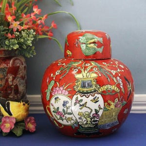 Large Asian Ginger Jar w/ Lid, 8&quot; Tall, Hand Painted Porcelain, Red Floral Motif w/ Birds, Flowers, Lotus, Foo Bats, Butterfly, Vase Vintage
