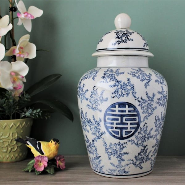 Grand pot à gingembre avec couvercle 30,5 cm de haut, symbole du double bonheur, urne bleue et blanche, vase à fleurs, porcelaine, céramique, cadeau de mariage, chinoiseries, vintage