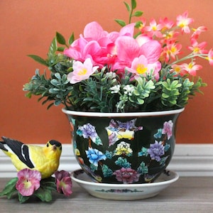 Small Flowerpot w/ Drainage & Saucer Tray, Planter, Hand Painted Porcelain Asian Pot, Floral Motif, Flower and Plant Holder, Vintage Décor