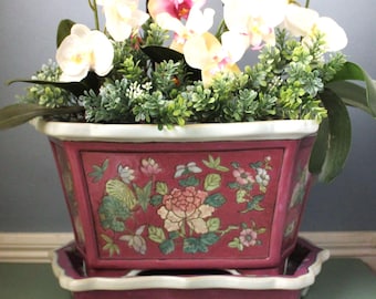 Large Vintage Hexagon Ceramic Planter: Asian Floral Flowerpot with Tray, 16.5&quot; Long