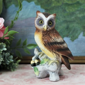 Vintage Bisque Porcelain Owl Figurine: Bird on Branch Statue