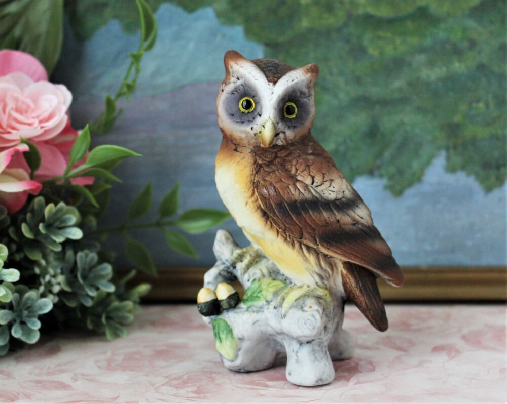 Vintage Owl Figurine: Bisque Porcelain, Bird on Branch Statue