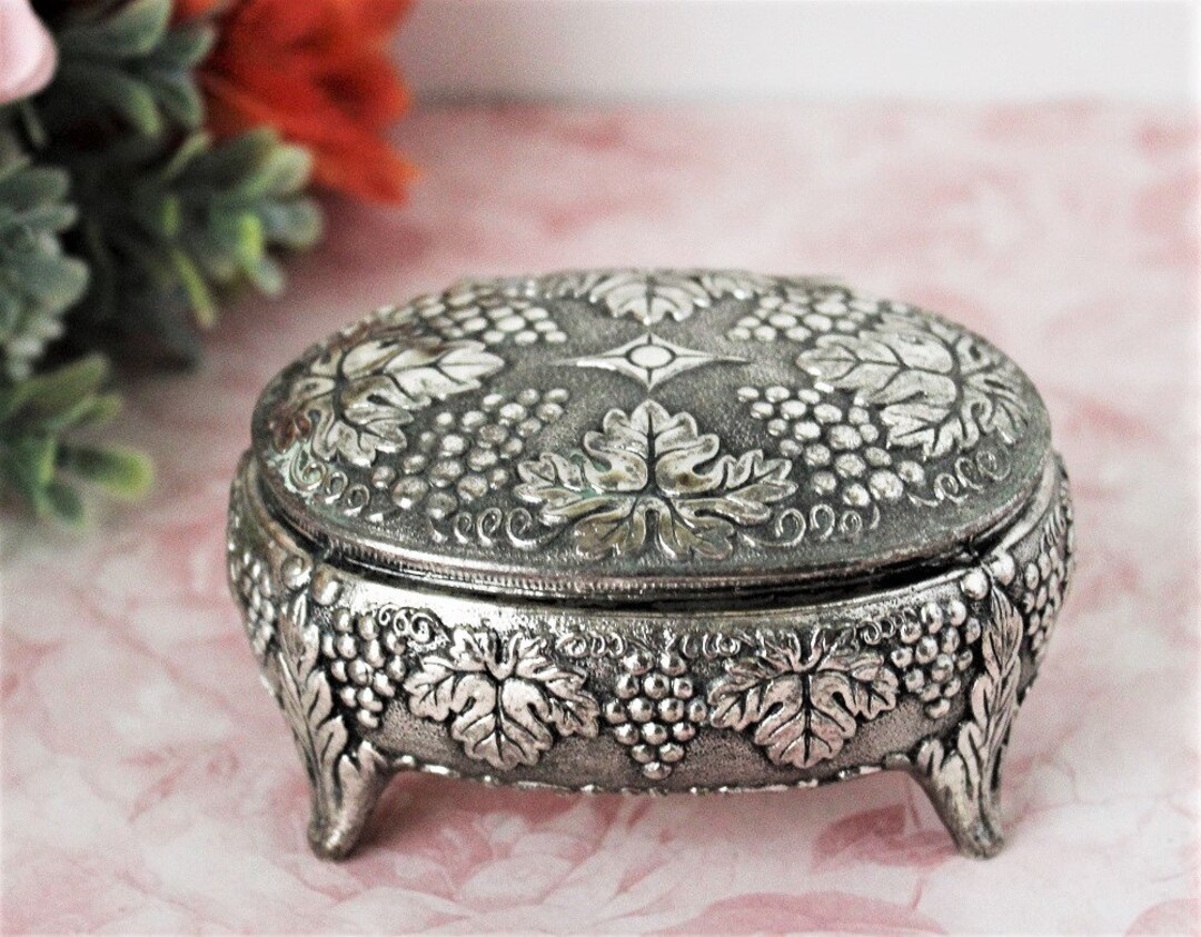 Metal Box Hinged Lid Footed Small Oval Silver Plated Embossed Etsy