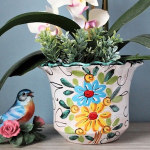 Planter Flowerpot, Hand Painted Porcelain Ceramic, Scallop Rim, Colorful Cachepot, Floral Motif, Flower Cache Pot Garden Décor Italy Vintage
