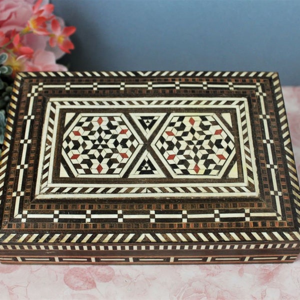 Mosaic Inlay Wood Box Wooden Inlaid Vintage Marquetry Design Large Hinged Lid Fabric Lined Keepsake Storage Trinket Box Artisan Hand Crafted