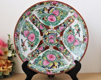 Large 12" Chinese Famille Rose Medallion Vintage Dish Plate Bowl w/ Wood Stand Porcelain Hand Painted Decorative Asian Display Chinoiseries
