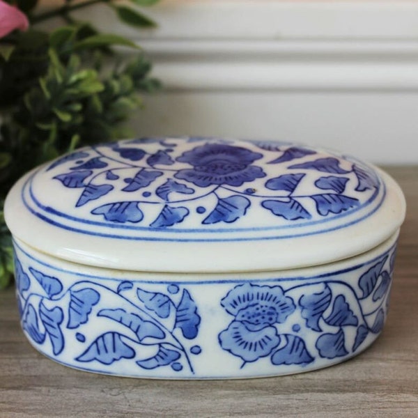 Chinese Ceramic Box with Lid Hand Oval Shape Blue & White Jewelry Trinket Keepsake Box Rectangle Asian Floral Vines Chinoiseries Vintage