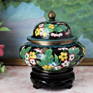 Covered Cloisonné Jar w/ Stand, Metal Brass Vessel, Colorful Enameled Floral Brass Ginger Jar, Collectible Asian Art, Multi-Color, Vintage
