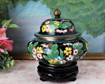 Small Cloisonné Jar with Floral Enamel Motif & Stand, Vintage