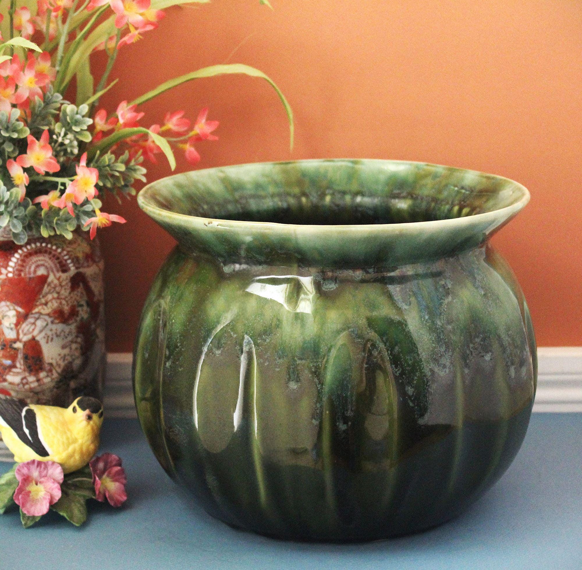 Large Planter, Artisan Ceramic Pottery, Rustic Flowerpot, Hand Painted Drip Glaze, Cachepot, Floor Planter, Cache Pot, Majolica, Vintage