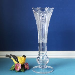 Crystal Vase: 11.5" Tall, Cut and Etched Glass, Slender Shape, Classic Vintage, Traditional Decor
