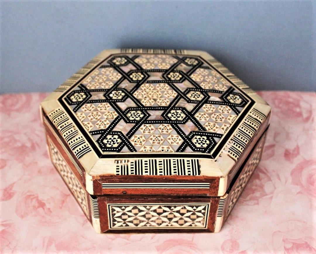 Mosaic Inlay Wood Box Marquetry Design Inlaid Mother of Pearl Hinged ...