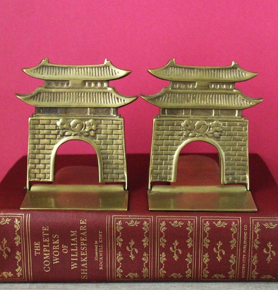 Vintage Brass Bookends: Chinese Pagoda - Hinged Folding Pair - Book Holder Library Accessory