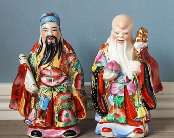 Ensemble de 2 statues divinité chinoise dieu de la prospérité Fu Xing, dieu de la longévité Shou Xing, figurine immortelle vintage homme sage asiatique érudit