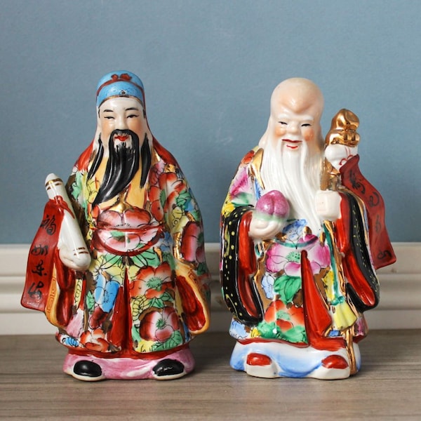 Chinese Deity Set of 2 Statues Fu Xing Deity God of Prosperity, Shou Xing God of Longevity Vintage Immortal Figurine Asian Wise Men Scholar