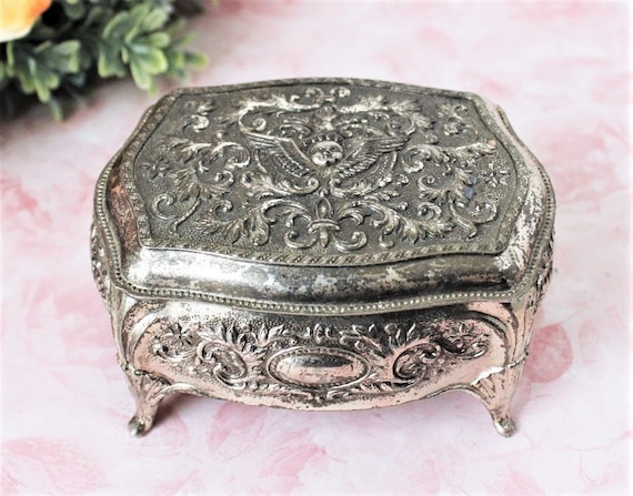 Ornate Brass Box with Hinged Lid Cross and Velvet Lining