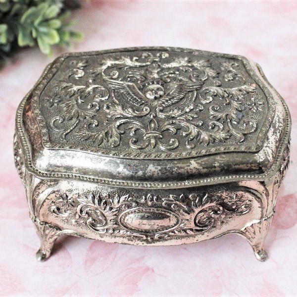 Metal Box Hinged Lid Footed Rectangular Silver Plated Embossed Angel Wing Cherub Trinket Keepsake Jewelry Box Hand Crafted Ornate Vintage