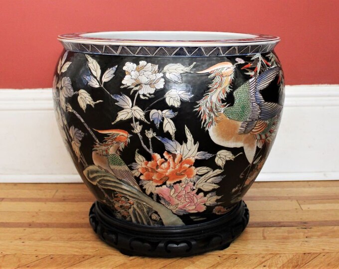 Large Floor Planter Asian Koi Fish Bowl W/ Stand 15" Wide Porcelain ...