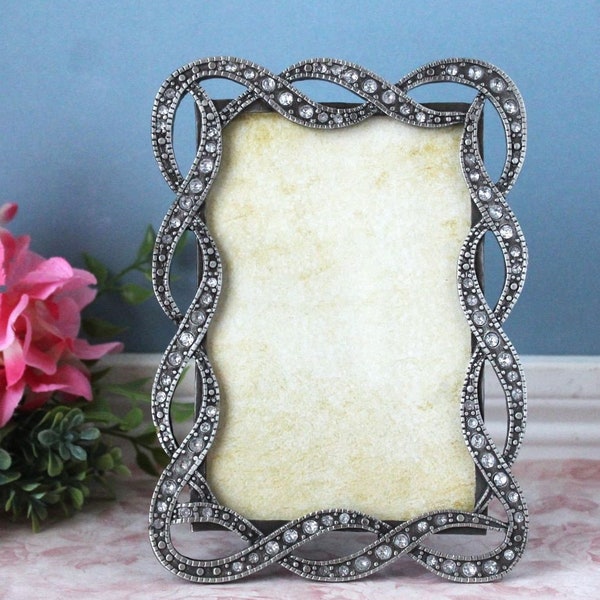 Jeweled Picture Frame 4x6 Window Metal Photo Frame w/ Crystals Victorian Baroque Glass Front 2 Way Easel Back Classic Hand Crafted Vintage